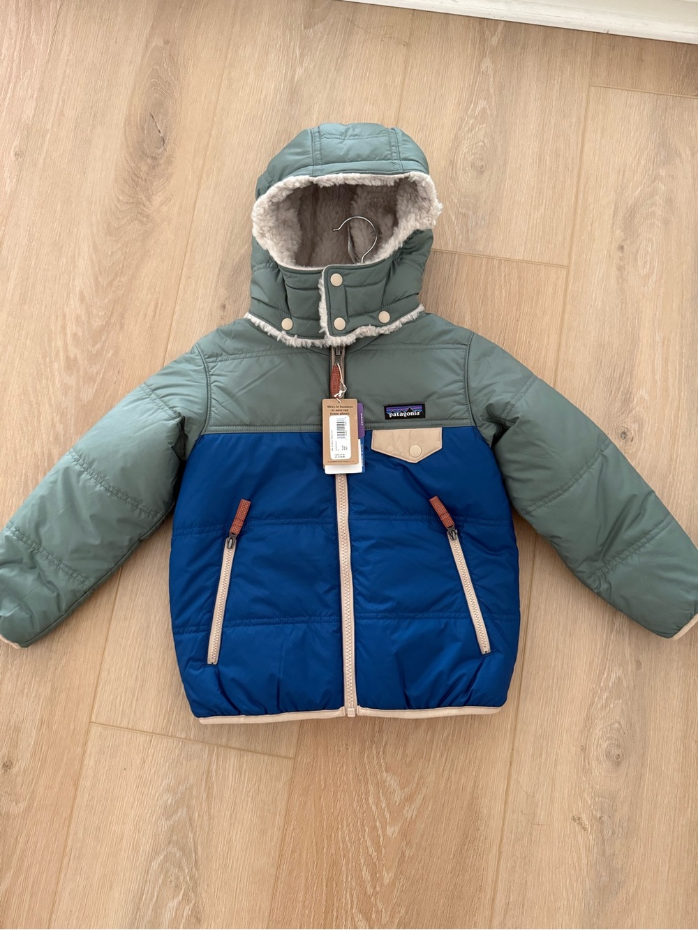 Patagonia Kids Two-Tone Blue and Sage Hooded Puffer Jacket reversible tribbles